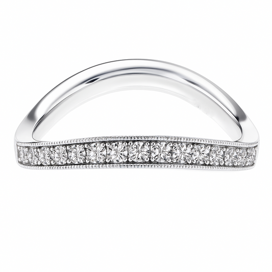 Elegant Moissanite curved pavé wedding band in 925 silver. Finely crafted for stacking or timeless daily elegance. Hypoallergenic. Available Now at BSI Jewelry.