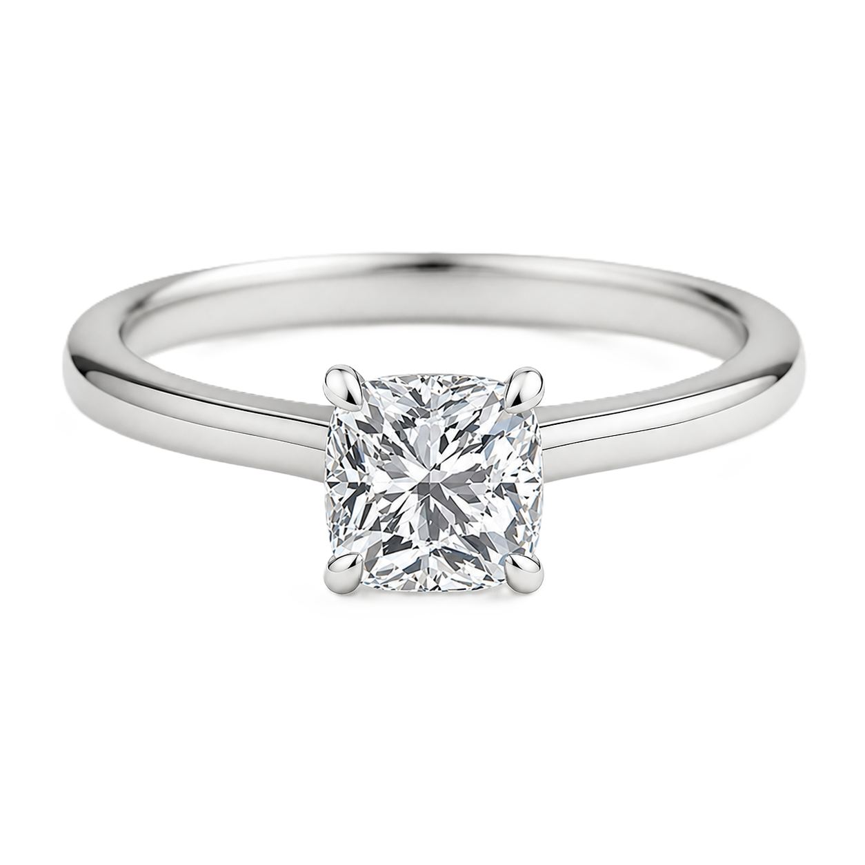 Elegant 5 mm cushion-cut Moissanite solitaire in white gold-plated 925 silver with palladium-added alloy. Hypoallergenic and timeless. Available at BSI Jewelry.