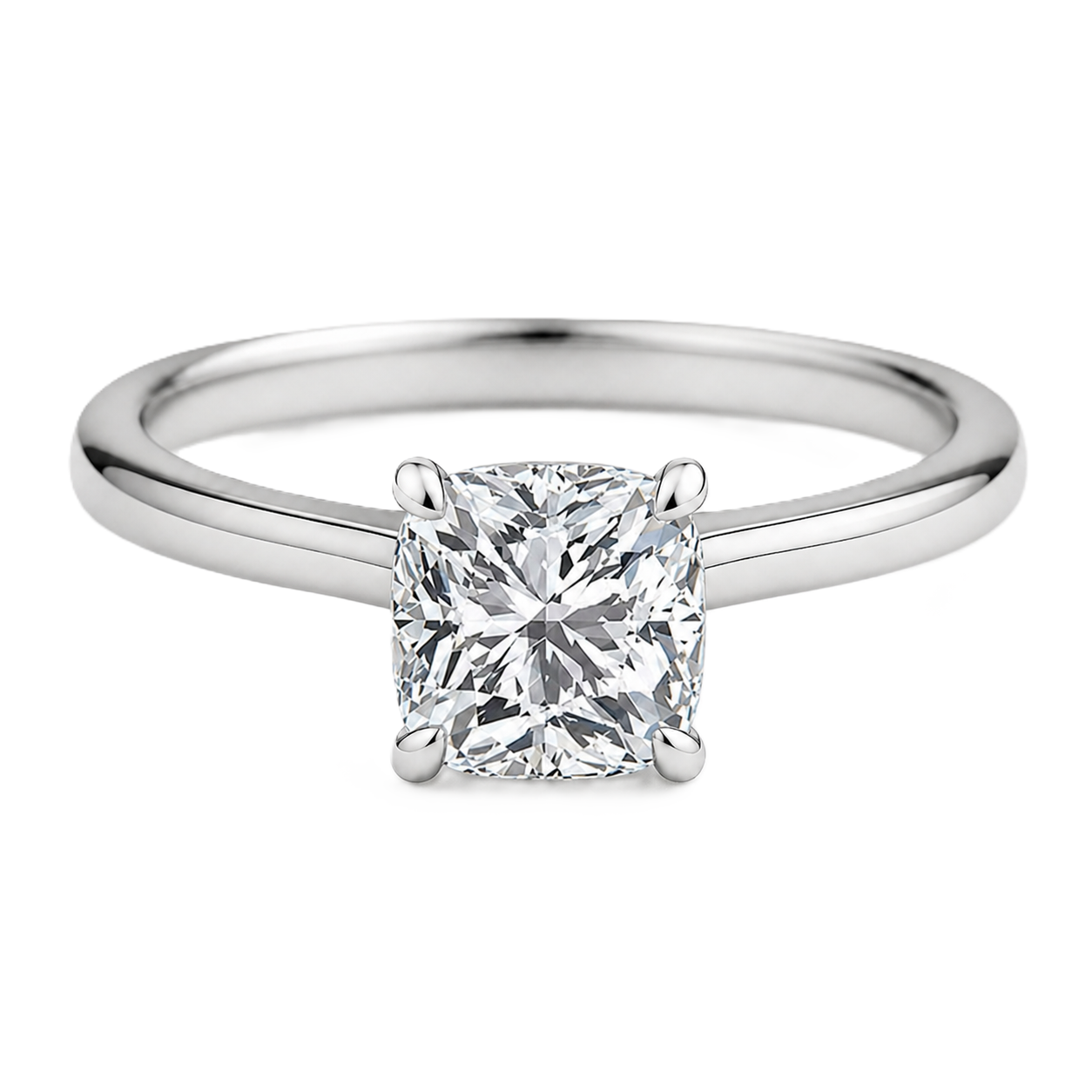6 mm cushion-cut Moissanite solitaire in white gold-plated 925 silver with palladium-added alloy. Elegant, bold, and hypoallergenic. Available now at BSI Jewelry.