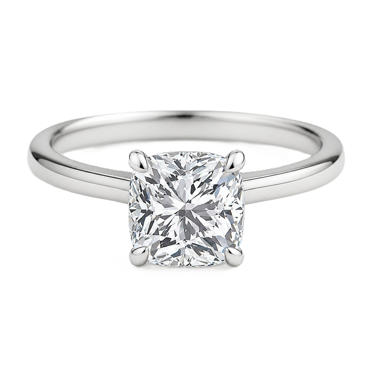 7 mm cushion-cut Moissanite solitaire in white gold-plated 925 silver with palladium-added alloy. Elegant, bold, and hypoallergenic. Available now at BSI Jewelry.