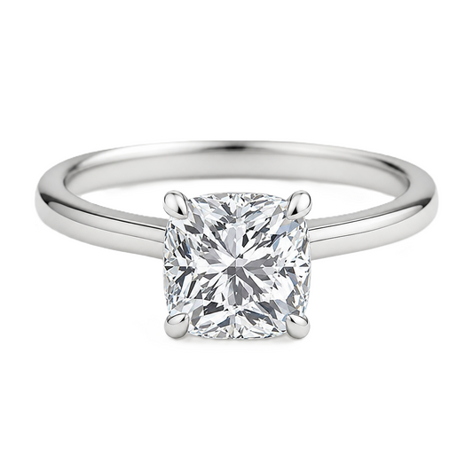 7 mm cushion-cut Moissanite solitaire in white gold-plated 925 silver with palladium-added alloy. Elegant, bold, and hypoallergenic. Available now at BSI Jewelry.