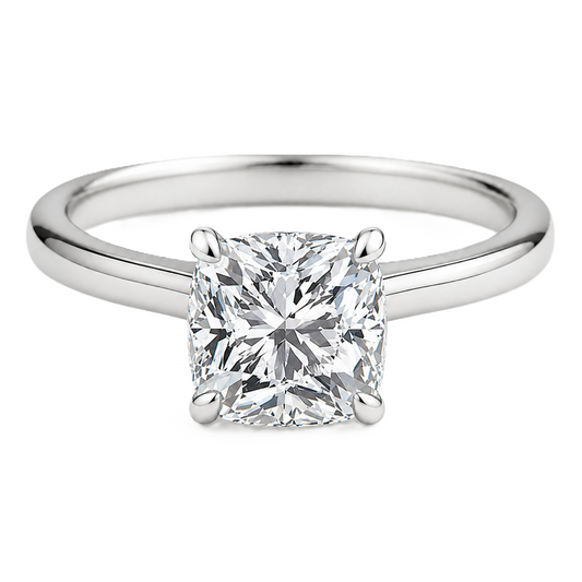 8 mm cushion-cut Moissanite solitaire in white gold-plated 925 silver with palladium-added alloy. Elegant, bold, and hypoallergenic. Available now at BSI Jewelry.