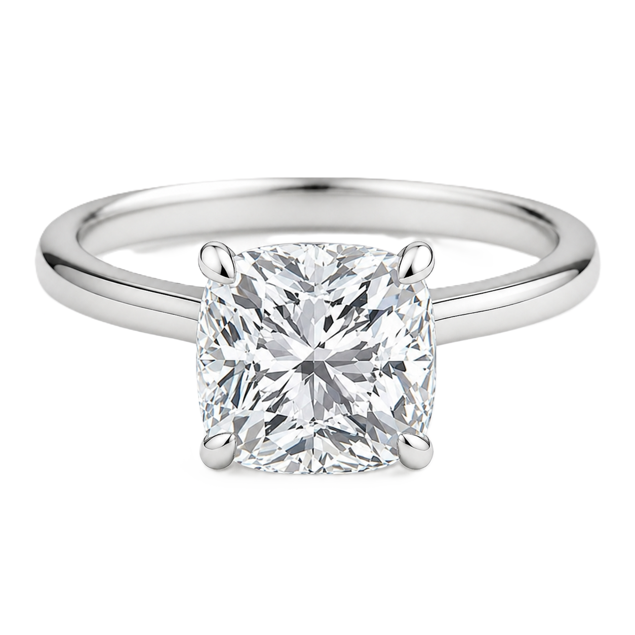 9 mm cushion-cut Moissanite solitaire in white gold-plated 925 silver with palladium-added alloy. Elegant, bold, and hypoallergenic. Available now at BSI Jewelry.
