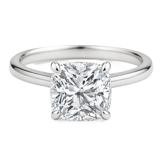 9 mm cushion-cut Moissanite solitaire in white gold-plated 925 silver with palladium-added alloy. Elegant, bold, and hypoallergenic. Available now at BSI Jewelry.