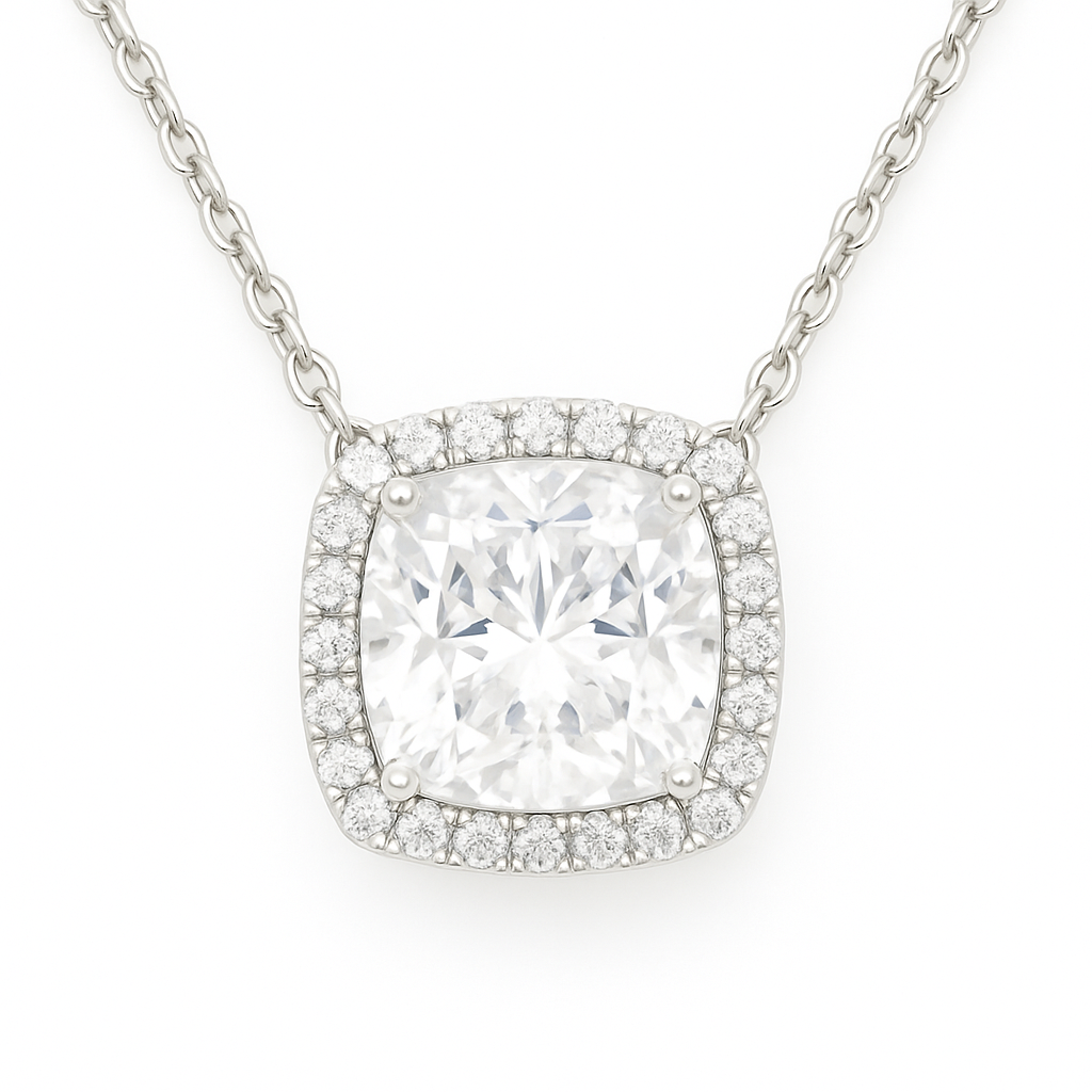 Elegant Moissanite cushion halo necklace in 925 silver with a 9mm stone. White gold-plated, hypoallergenic, timeless sparkle. Available now at BSI Jewelry.