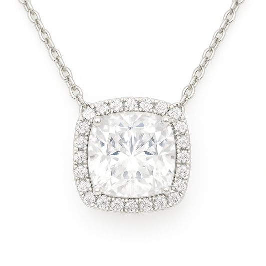 Elegant Moissanite cushion halo necklace in 925 silver with a 9mm stone. White gold-plated, hypoallergenic, timeless sparkle. Available now at BSI Jewelry.