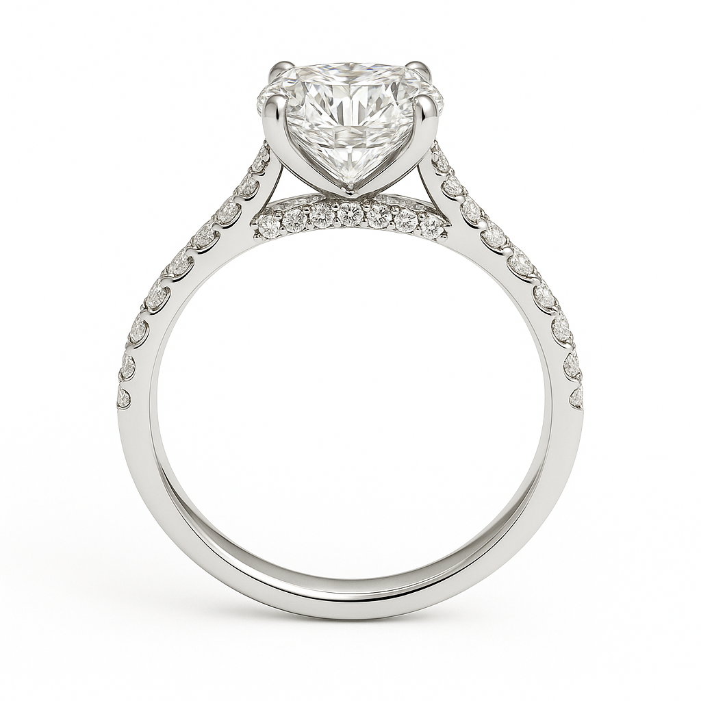Elegant Moissanite cushion solitaire engagement ring in 925 silver, with a 6 mm cushion cut and pavé band for brilliance and timeless style. Now at BSI Jewelry.