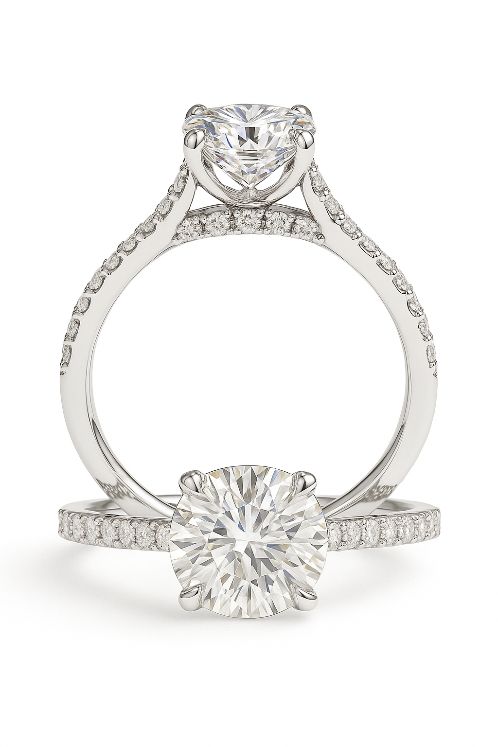 Elegant Moissanite cushion solitaire engagement ring in 925 silver, with a 6 mm cushion cut and pavé band for brilliance and timeless style. Now at BSI Jewelry.