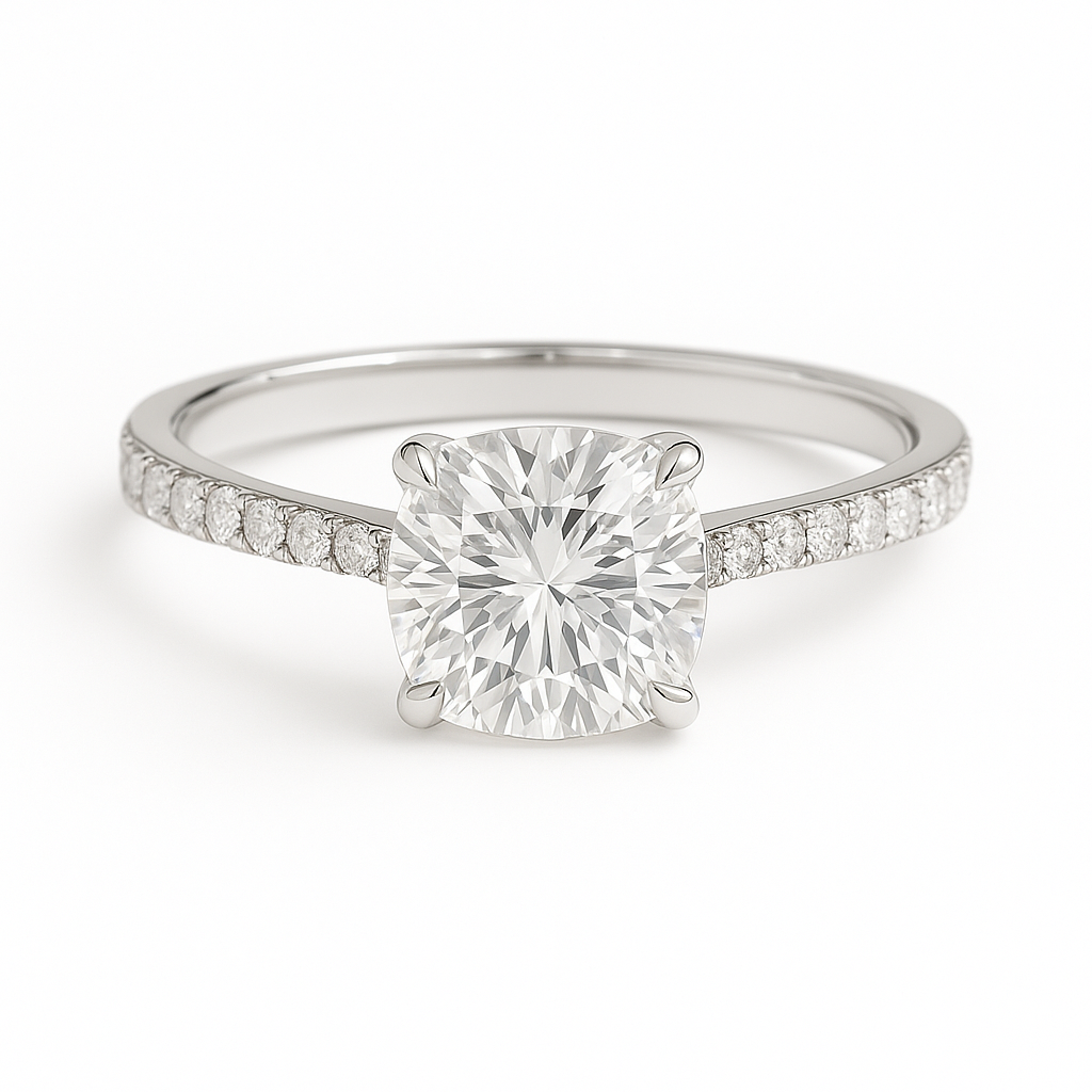 Elegant Moissanite cushion solitaire engagement ring in 925 silver, with a 6 mm cushion cut and pavé band for brilliance and timeless style. Now at BSI Jewelry.