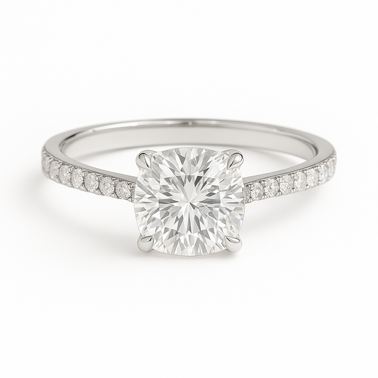 Elegant Moissanite cushion solitaire engagement ring in 925 silver, with a 6 mm cushion cut and pavé band for brilliance and timeless style. Now at BSI Jewelry.