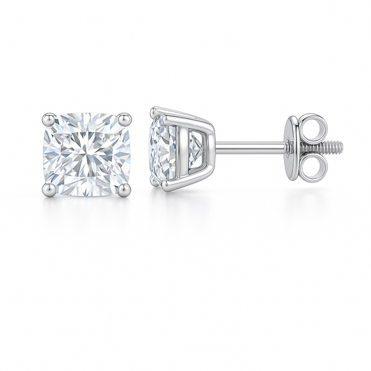 Moissanite cushion stud earrings in 5 mm, crafted in white gold-plated 925 silver with screw-back posts. Safe for sensitive skin. Available now at BSI Jewelry.
