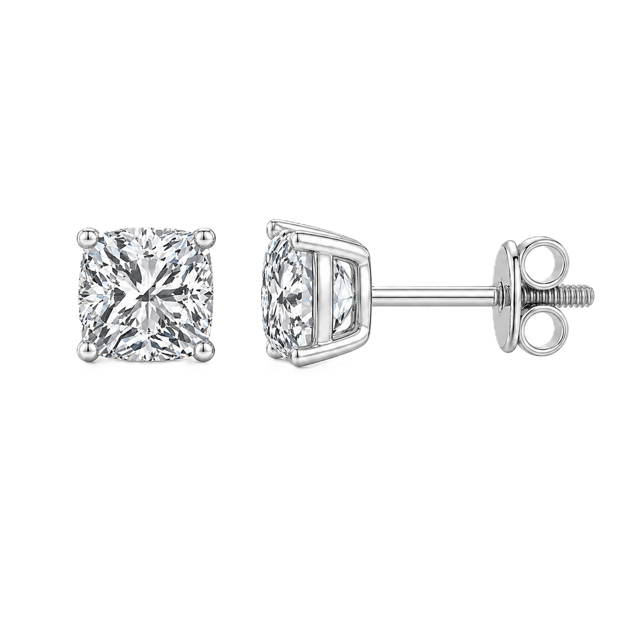 Moissanite cushion stud earrings in 5 mm, crafted in white gold-plated 925 silver with screw-back posts. Safe for sensitive skin. Available now at BSI Jewelry.