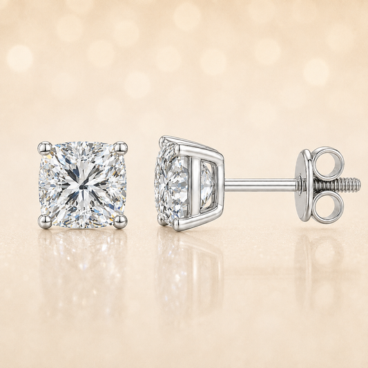 Moissanite cushion stud earrings in 5 mm, crafted in white gold-plated 925 silver with screw-back posts. Safe for sensitive skin. Available now at BSI Jewelry.