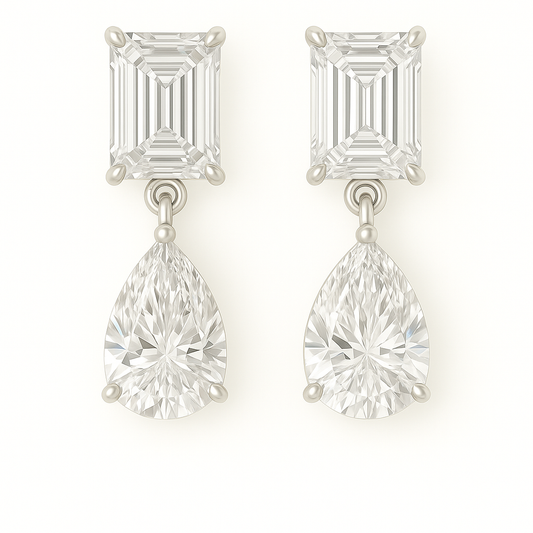 Moissanite Drop Stud Earrings, 6×4 mm Duo cuts, crafted in white gold-plated 925 silver with palladium-added alloy and hypoallergenic. Available at BSI Jewelry.