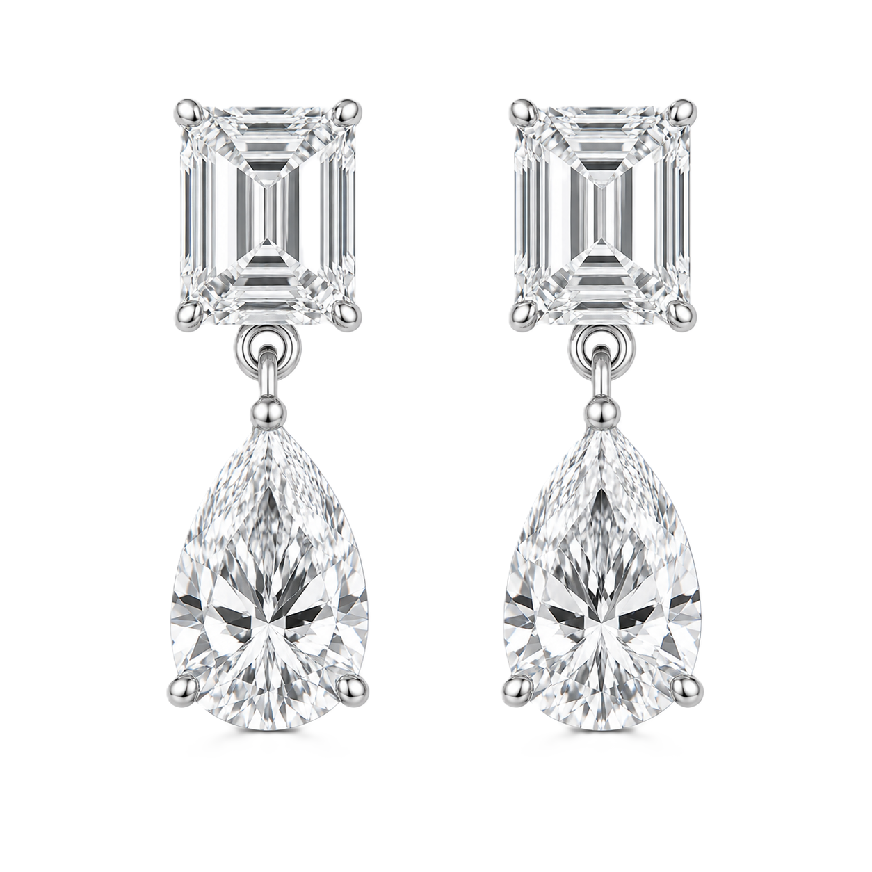Moissanite Drop Stud Earrings, 6×4 mm Duo cuts, crafted in white gold-plated 925 silver with palladium-added alloy and hypoallergenic. Available at BSI Jewelry.