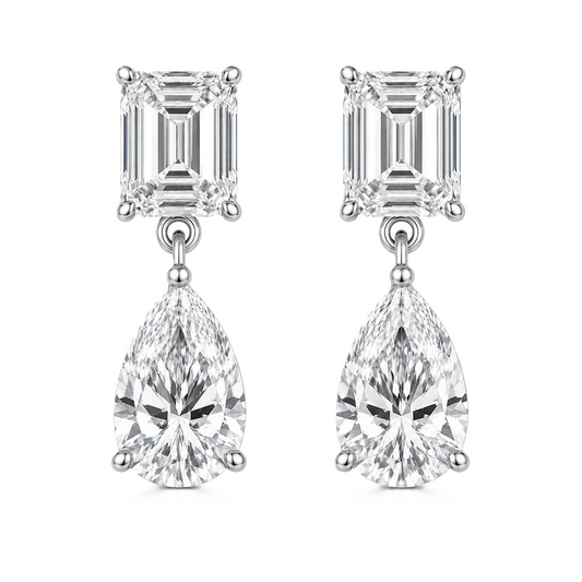 Moissanite Drop Stud Earrings, 6×4 mm Duo cuts, crafted in white gold-plated 925 silver with palladium-added alloy and hypoallergenic. Available at BSI Jewelry.