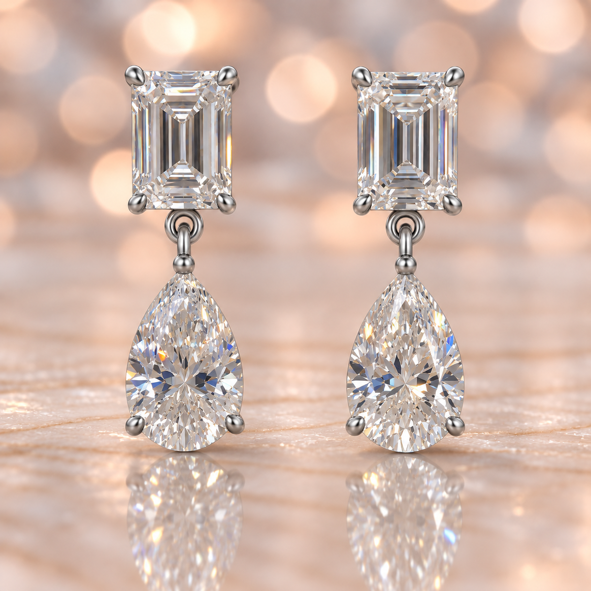 Moissanite Drop Stud Earrings, 6×4 mm Duo cuts, crafted in white gold-plated 925 silver with palladium-added alloy and hypoallergenic. Available at BSI Jewelry.
