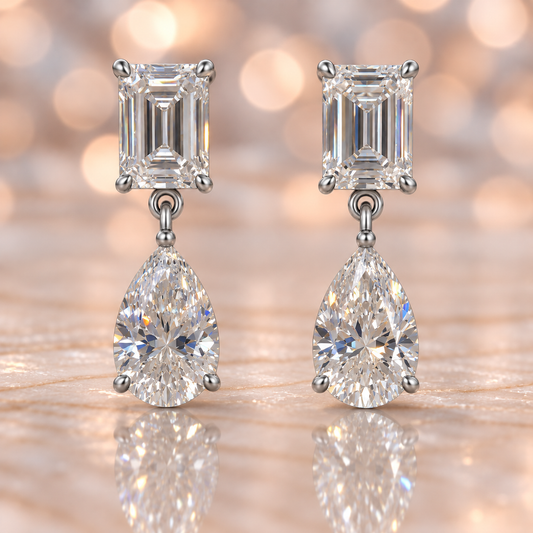 Moissanite Drop Stud Earrings, 6×4 mm Duo cuts, crafted in white gold-plated 925 silver with palladium-added alloy and hypoallergenic. Available at BSI Jewelry.