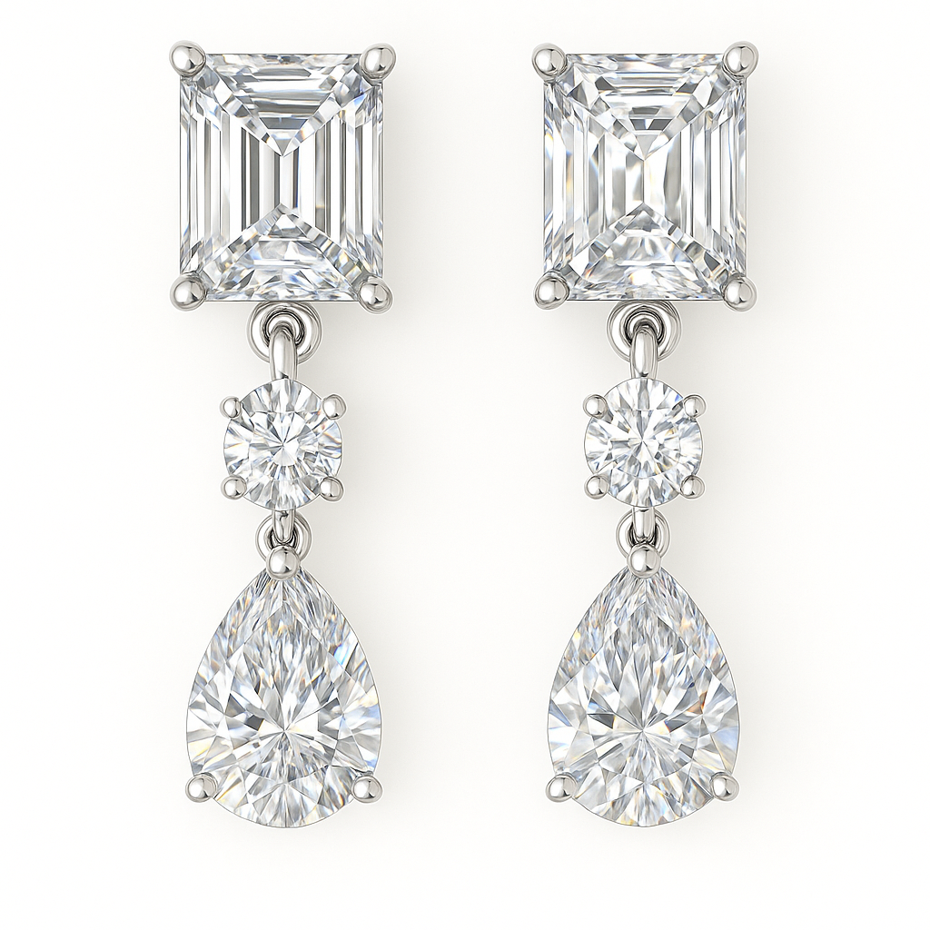 Moissanite Drop Stud Earrings featuring emerald and pear cuts, crafted in white gold-plated 925 silver. Radiant hypoallergenic design. Available at BSI Jewelry.