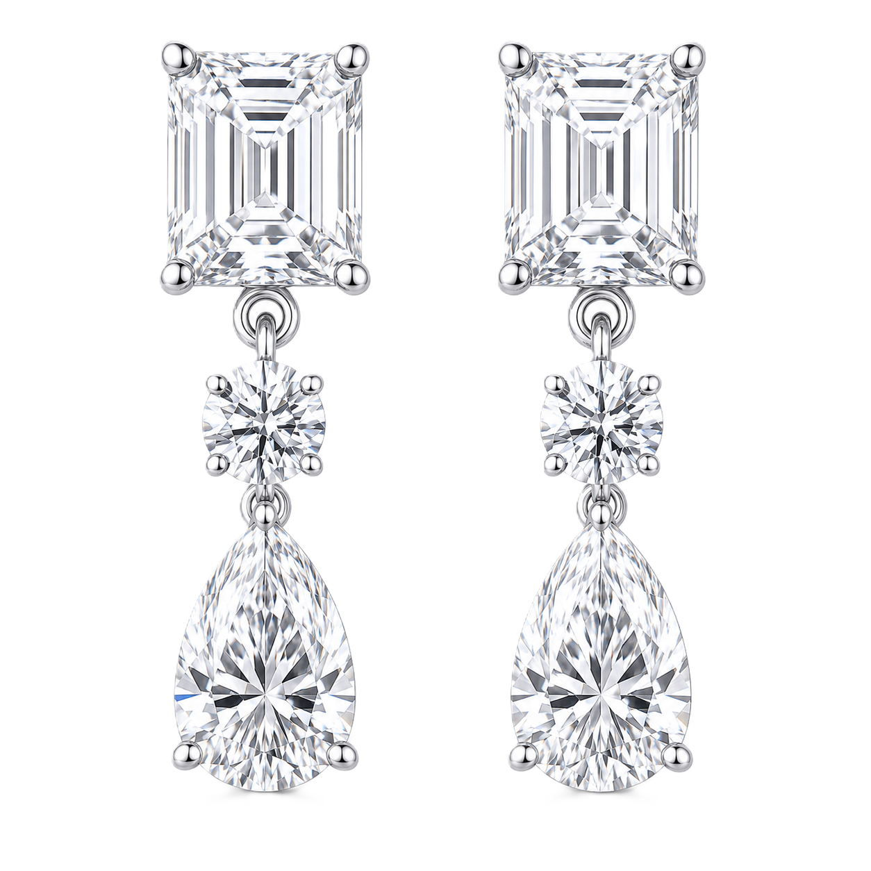 Moissanite Drop Stud Earrings featuring emerald and pear cuts, crafted in white gold-plated 925 silver. Radiant hypoallergenic design. Available at BSI Jewelry.