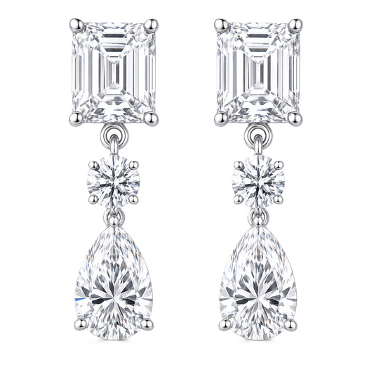 Moissanite Drop Stud Earrings featuring emerald and pear cuts, crafted in white gold-plated 925 silver. Radiant hypoallergenic design. Available at BSI Jewelry.