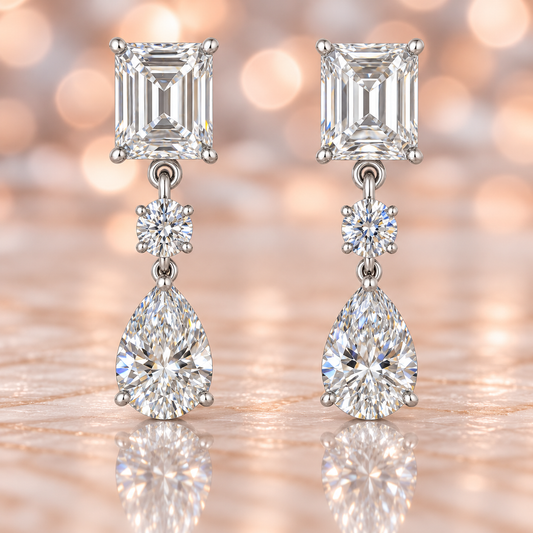 Moissanite Drop Stud Earrings featuring emerald and pear cuts, crafted in white gold-plated 925 silver. Radiant hypoallergenic design. Available at BSI Jewelry.