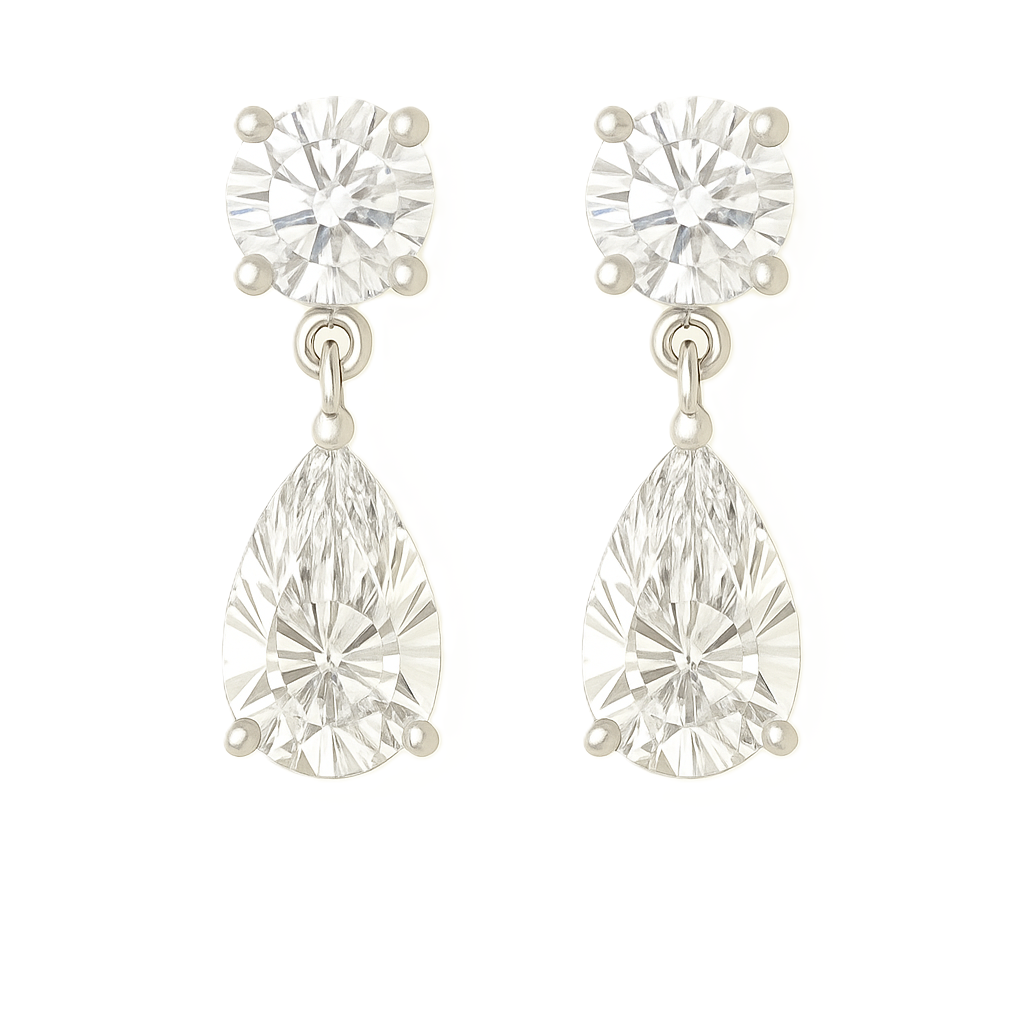 Moissanite Stud Earrings featuring round brilliant and pear cuts, crafted in white gold-plated 925 silver. Graceful and hypoallergenic. Available at BSI Jewelry