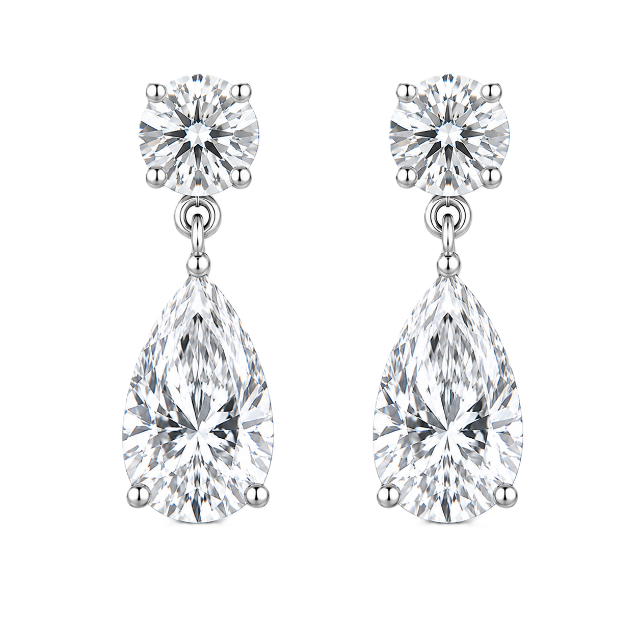 Moissanite Stud Earrings featuring round brilliant and pear cuts, crafted in white gold-plated 925 silver. Graceful and hypoallergenic. Available at BSI Jewelry