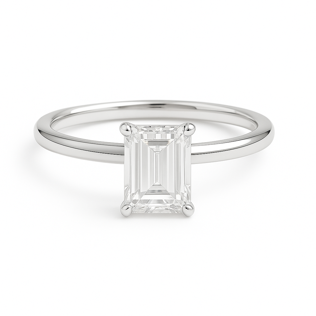 A timeless emerald-cut Moissanite solitaire in white-gold-plated 925 silver with palladium added alloy, radiant, elegant, and hypoallergenic. Now at BSI Jewelry.