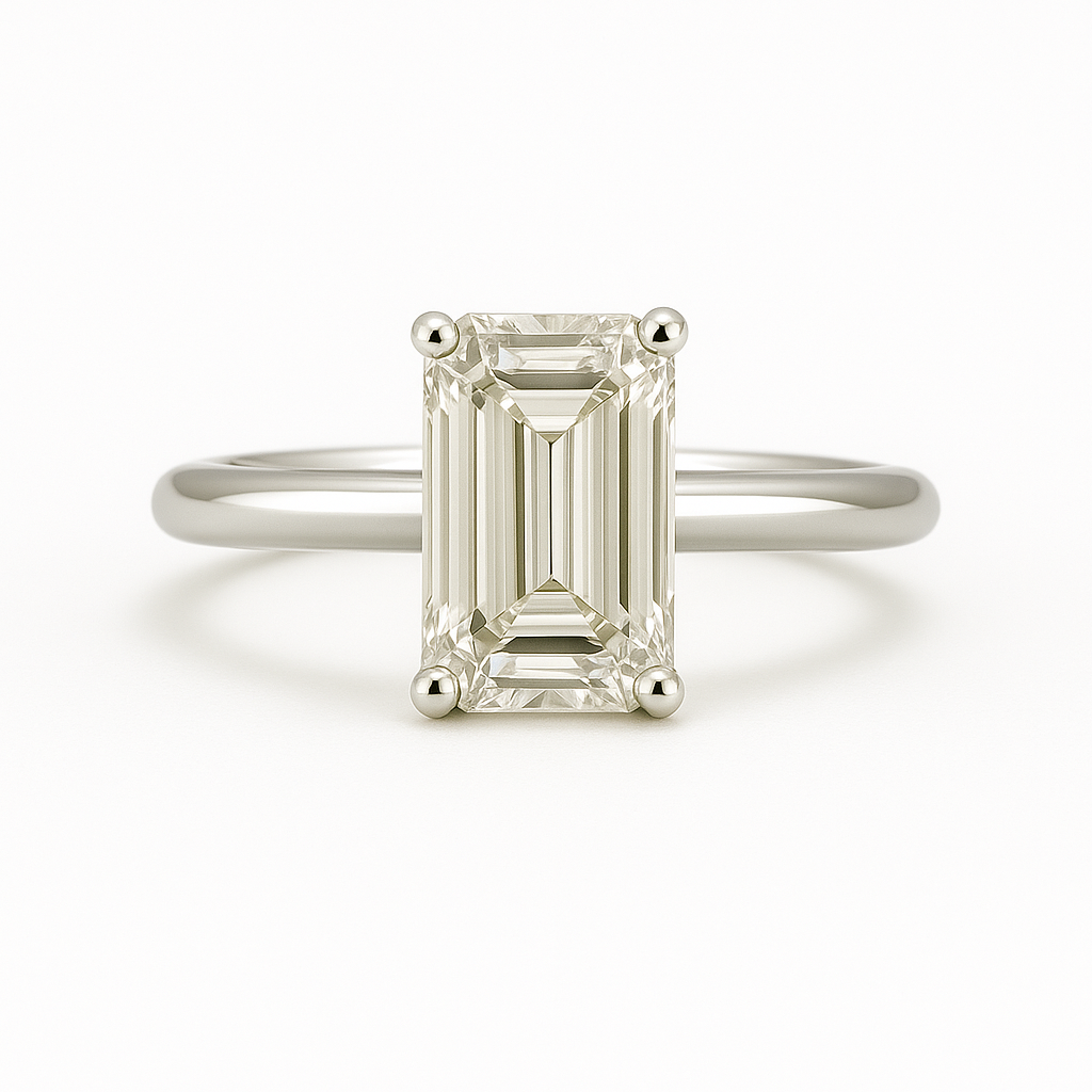 Sophisticated Moissanite emerald-cut solitaire engagement ring in 925 silver, featuring a 9×6 mm stone. Bold, timeless elegance. Available now at BSI Jewelry.