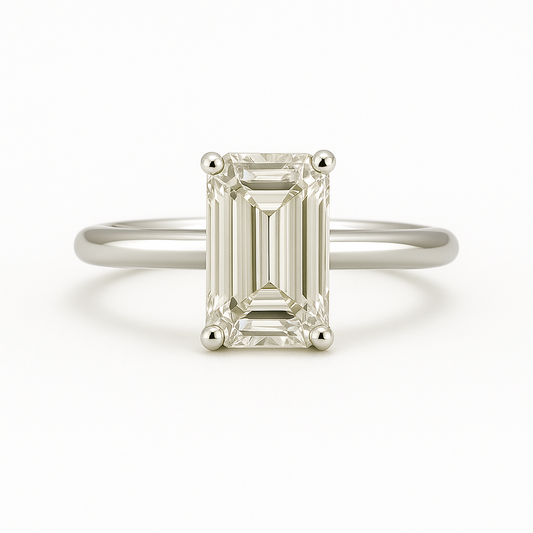 Sophisticated Moissanite emerald-cut solitaire engagement ring in 925 silver, featuring a 9×6 mm stone. Bold, timeless elegance. Available now at BSI Jewelry.