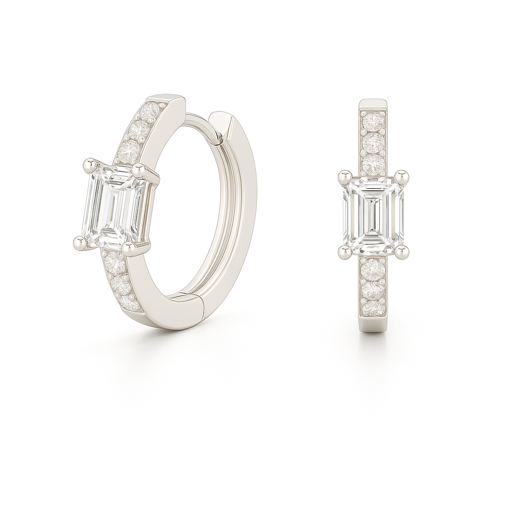 Elegant huggie earrings in white gold-plated 925 silver with a 6×4mm emerald-cut Moissanite for refined brilliance. Available now at BSI Jewelry.