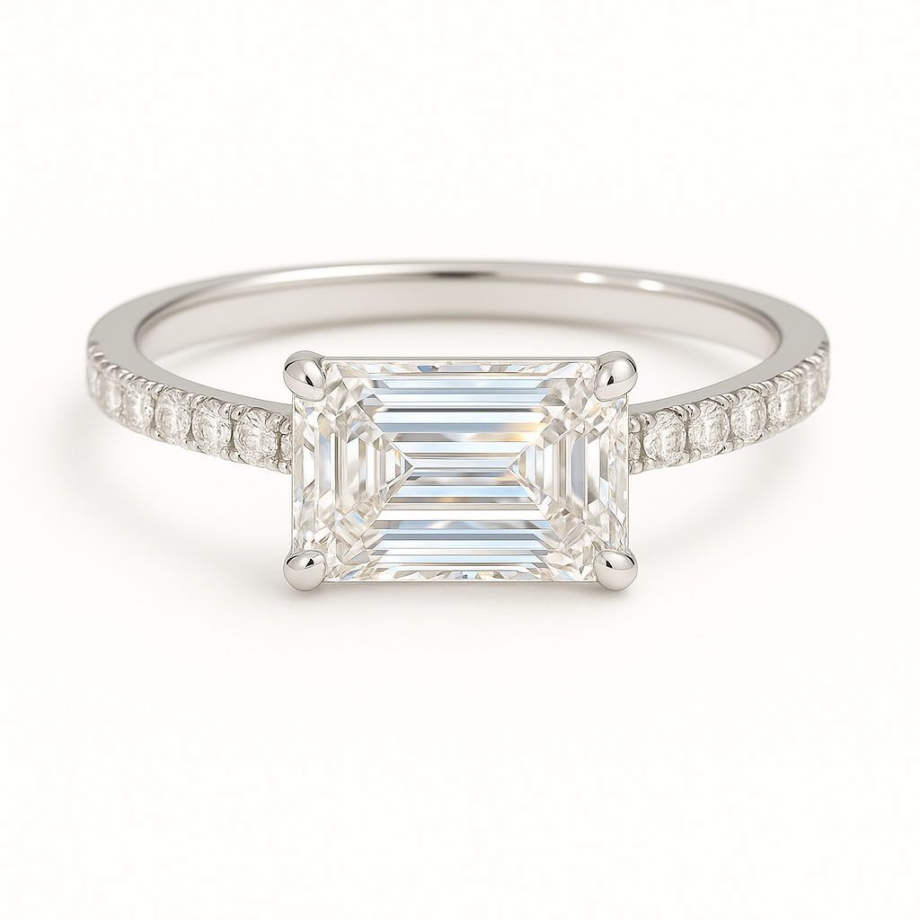 Elegant Moissanite emerald-cut engagement ring in white-gold-plated 925 silver, featuring a 7×5 mm center with pavé band for brilliance. Now at BSI Jewelry.