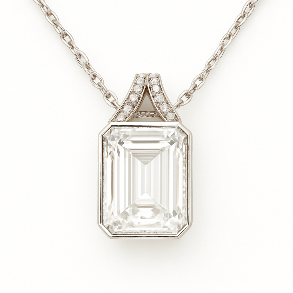 Striking Moissanite emerald-cut pendant in 925 silver with a 13×8 mm stone. White gold-plated, hypoallergenic design and radiant elegance. Now at BSI Jewelry.