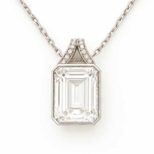 Striking Moissanite emerald-cut pendant in 925 silver with a 13×8 mm stone. White gold-plated, hypoallergenic design and radiant elegance. Now at BSI Jewelry.