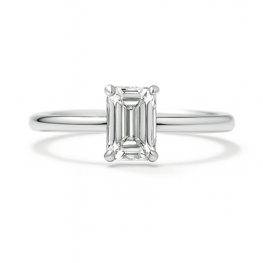 A 5×3 mm emerald-cut Moissanite solitaire in white gold-plated 925 silver with palladium alloy—brilliant, elegant, and hypoallergenic. Available at BSI Jewelry.
