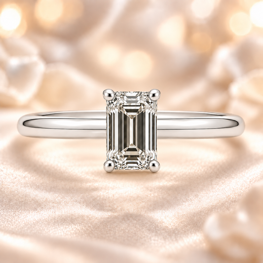 A 5×3 mm emerald-cut Moissanite solitaire in white gold-plated 925 silver with palladium alloy—brilliant, elegant, and hypoallergenic. Available at BSI Jewelry.