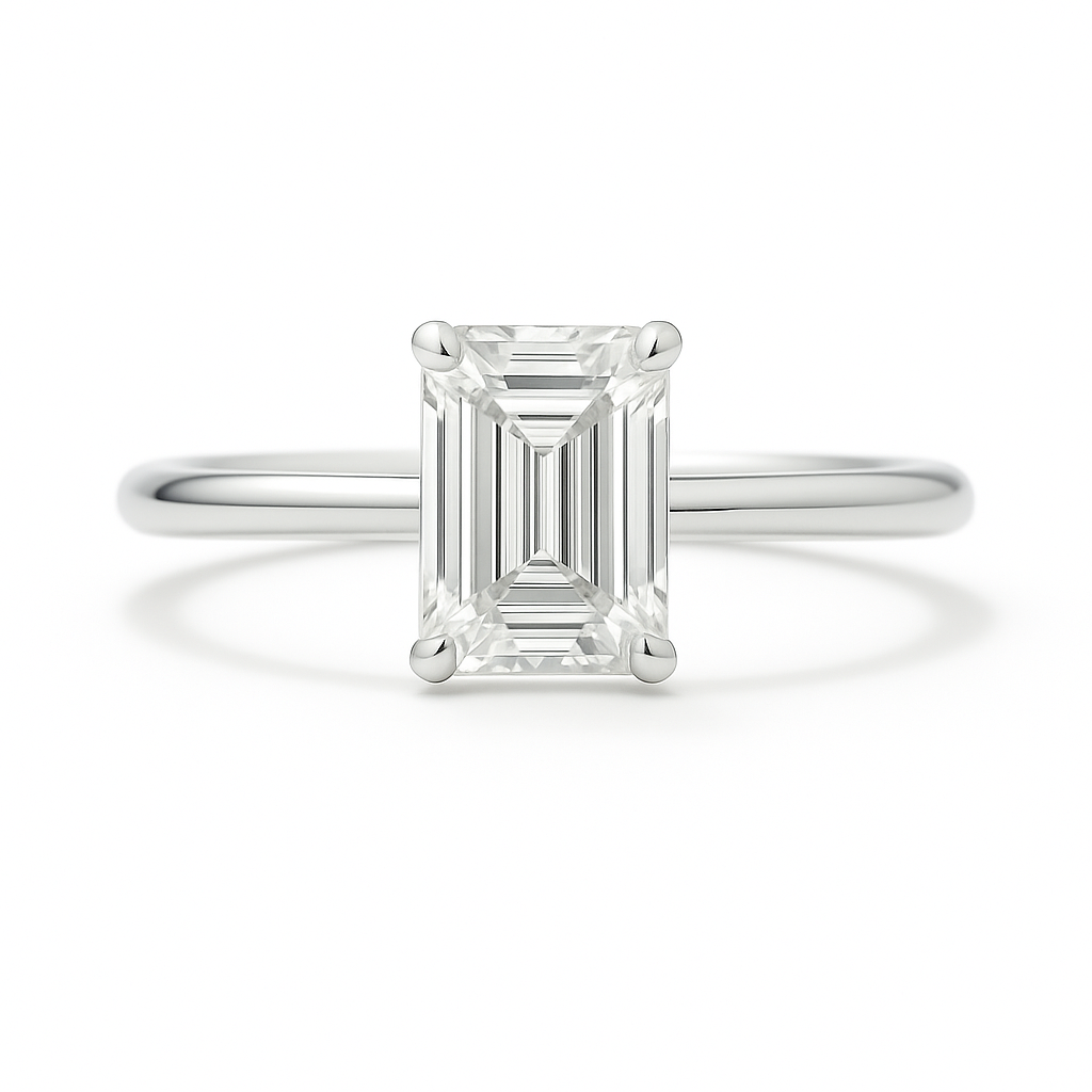 A 6×4 mm emerald-cut Moissanite solitaire in white gold-plated 925 silver with palladium alloy—brilliant, elegant, and hypoallergenic. Available at BSI Jewelry.