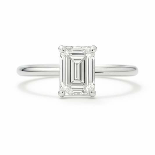 A 6×4 mm emerald-cut Moissanite solitaire in white gold-plated 925 silver with palladium alloy—brilliant, elegant, and hypoallergenic. Available at BSI Jewelry.