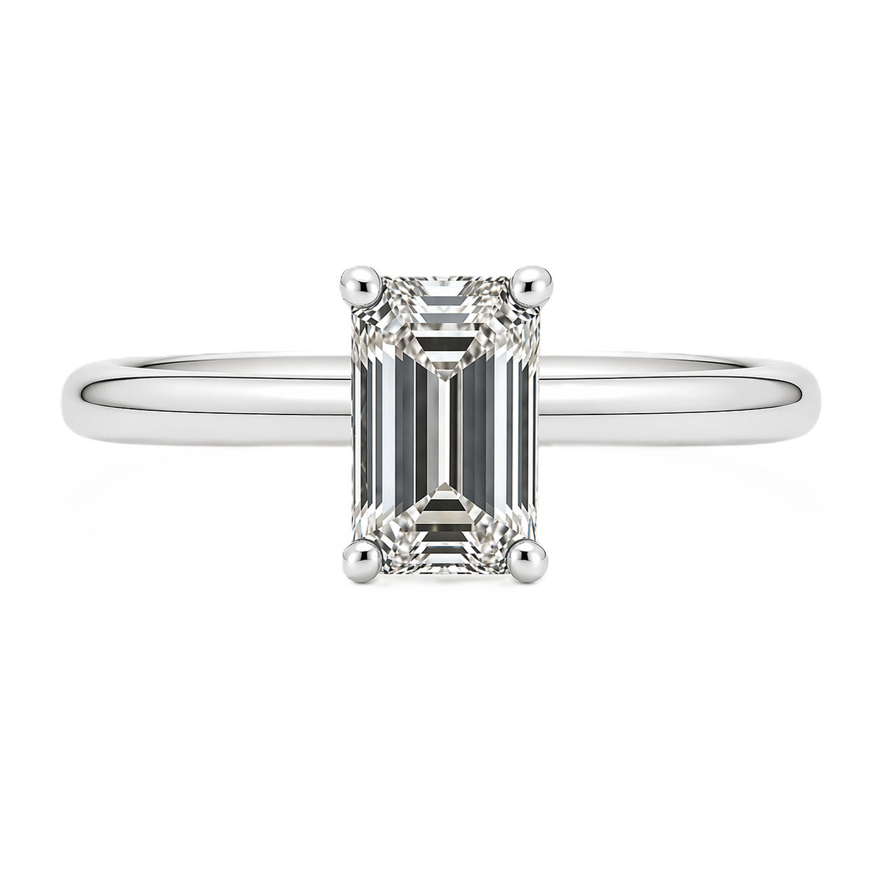 A 6×4 mm emerald-cut Moissanite solitaire in white gold-plated 925 silver with palladium alloy—brilliant, elegant, and hypoallergenic. Available at BSI Jewelry.