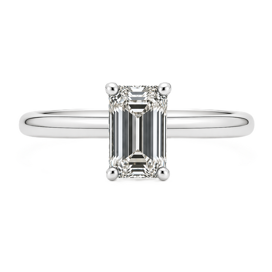 A 6×4 mm emerald-cut Moissanite solitaire in white gold-plated 925 silver with palladium alloy—brilliant, elegant, and hypoallergenic. Available at BSI Jewelry.