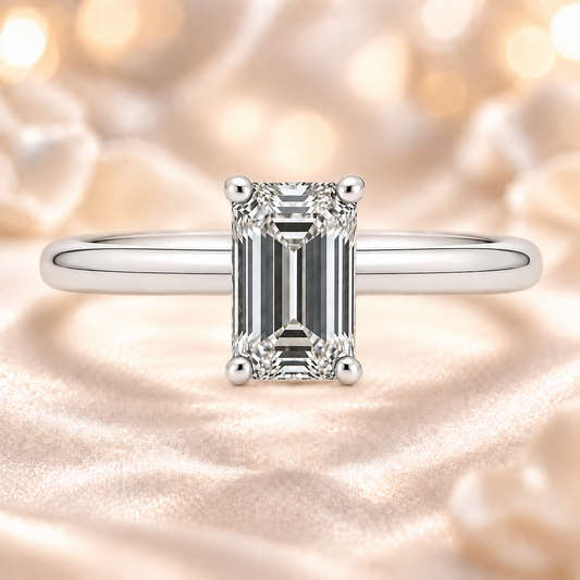A 6×4 mm emerald-cut Moissanite solitaire in white gold-plated 925 silver with palladium alloy—brilliant, elegant, and hypoallergenic. Available at BSI Jewelry.