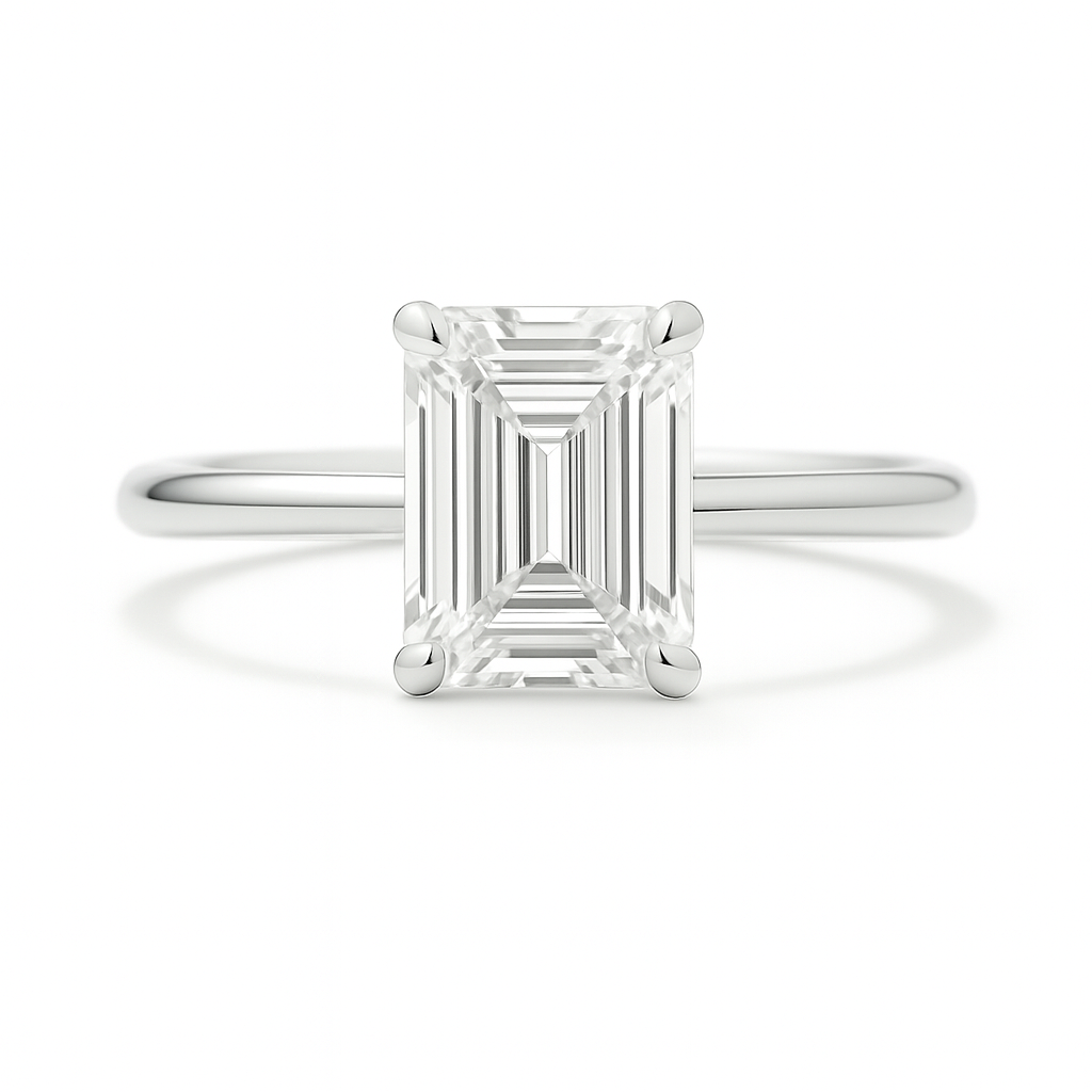 A 7×5 mm emerald-cut Moissanite solitaire in white gold-plated 925 silver with palladium alloy—brilliant, elegant, and hypoallergenic. Available at BSI Jewelry.