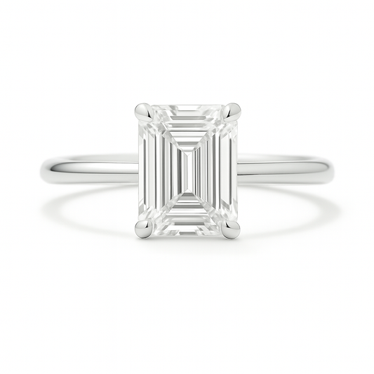 A 7×5 mm emerald-cut Moissanite solitaire in white gold-plated 925 silver with palladium alloy—brilliant, elegant, and hypoallergenic. Available at BSI Jewelry.