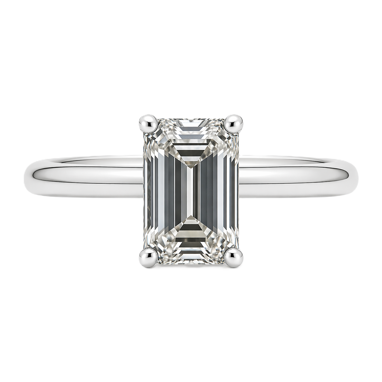 A 7×5 mm emerald-cut Moissanite solitaire in white gold-plated 925 silver with palladium alloy—brilliant, elegant, and hypoallergenic. Available at BSI Jewelry.