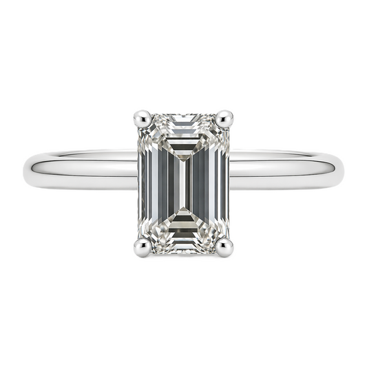 A 7×5 mm emerald-cut Moissanite solitaire in white gold-plated 925 silver with palladium alloy—brilliant, elegant, and hypoallergenic. Available at BSI Jewelry.