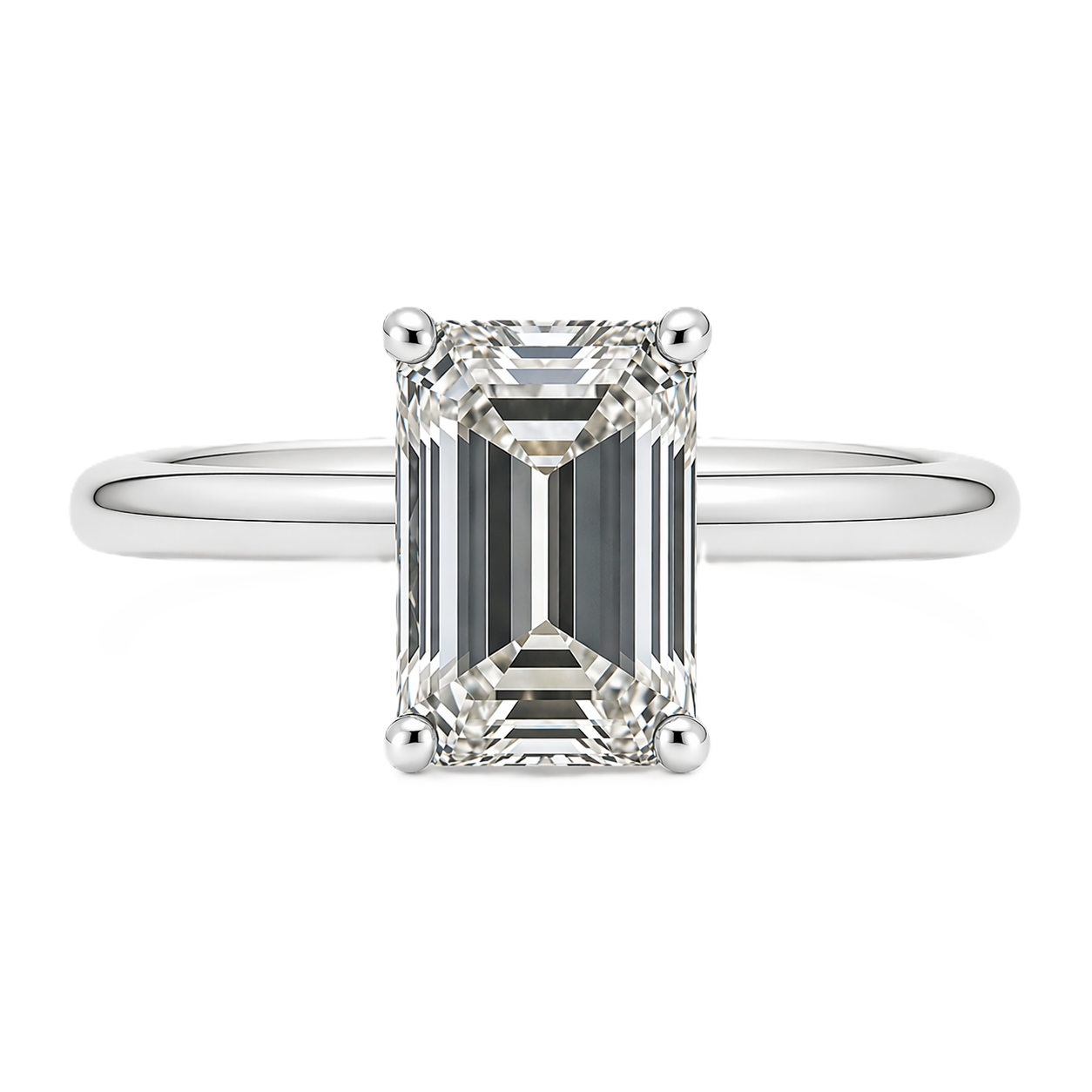 An 8×6 mm emerald-cut Moissanite solitaire in white gold-plated 925 silver with palladium alloy brilliant, elegant, and hypoallergenic. Available at BSI Jewelry.