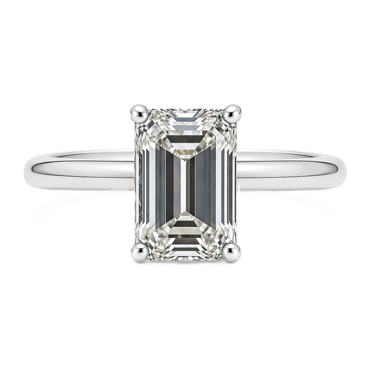 An 8×6 mm emerald-cut Moissanite solitaire in white gold-plated 925 silver with palladium alloy brilliant, elegant, and hypoallergenic. Available at BSI Jewelry.