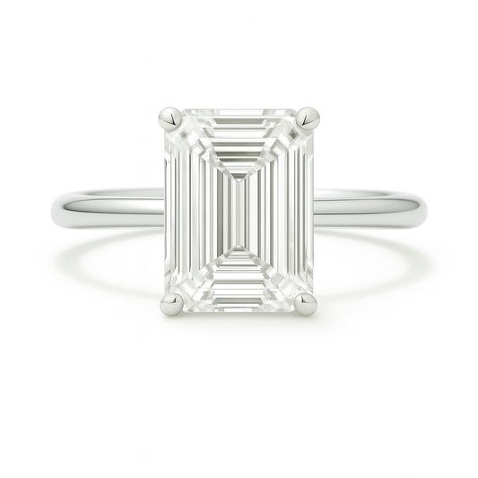 A 9×7 mm emerald-cut Moissanite solitaire in white gold-plated 925 silver with palladium alloy brilliant, elegant, and hypoallergenic. Available at BSI Jewelry.