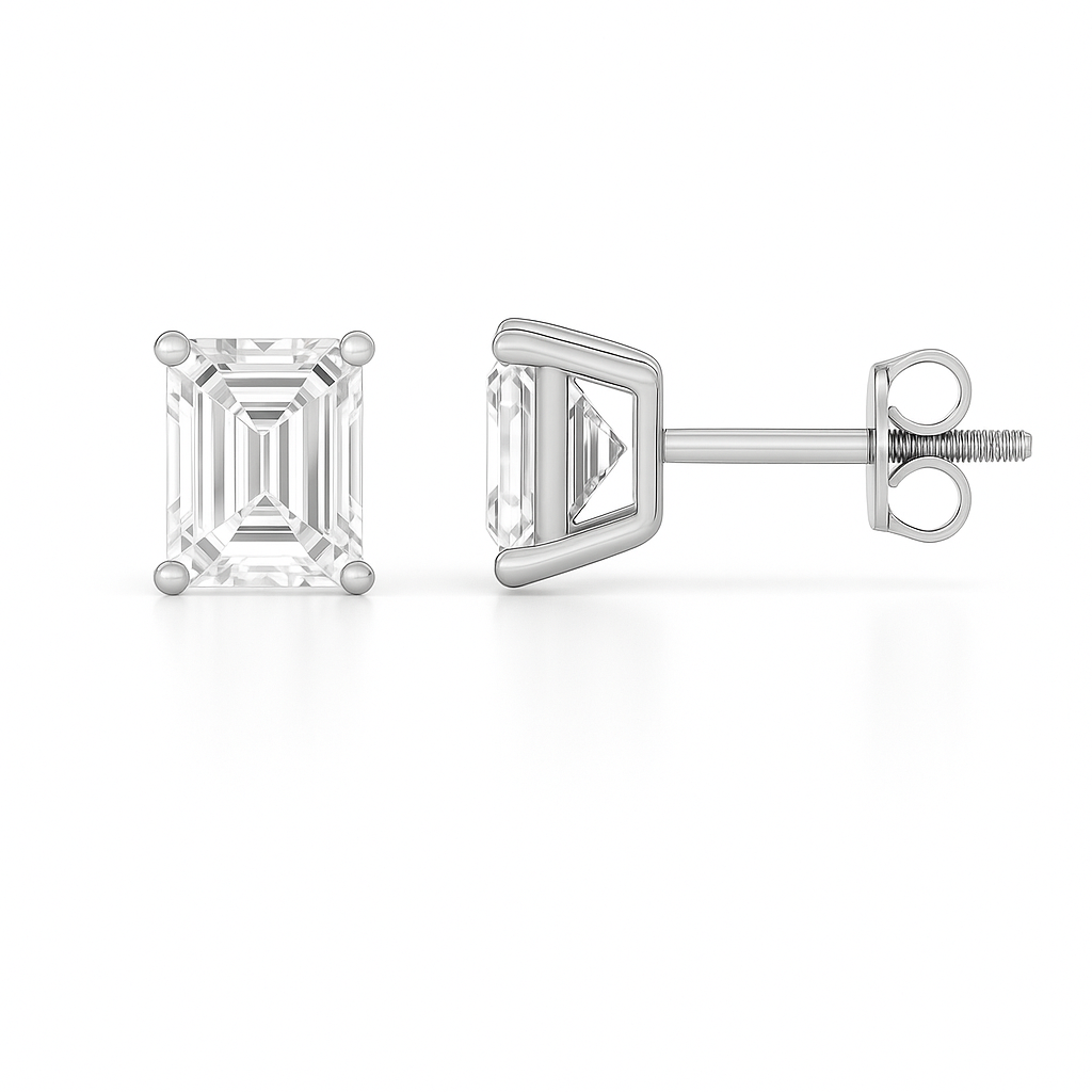 Moissanite Emerald-Cut Stud Earrings crafted in white gold-plated 925 silver with palladium-added alloy. Elegant and hypoallergenic. Available at BSI Jewelry.